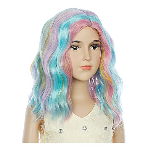 Magqoo Rainbow Wig Kids Child Criança curta ondulada Cabelo colorido perucas de cabelo
