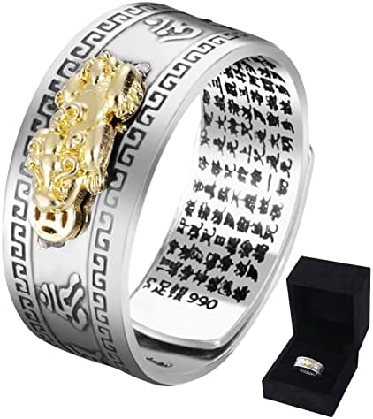 DeZone Feng Shui Pixiu Mantra Anel 990 Prata, tamanho ajustável 8-11, anel budista para boa sorte, proteção de riqueza, presente