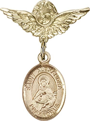Rosgo do bebê de obsessão por jóias com o charme de St. Alexandra e anjo com Wings Badge Pin | Rosga de bebê de ouro 14k com o charme de St. Alexandra e anjo com pino de emblema de asas - feito nos EUA