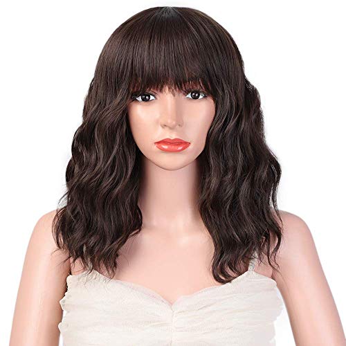 UCUBB Wig curto curto com franja para mulheres 14 polegadas marrom escuro Wavy Bob peruca sintética resistente ao