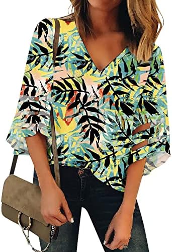 O outono imprimir no outono imprimir camiseta floral feminino 3/4 manga 2023 vneck msh retchwork top shirt for Girls 1v 1v