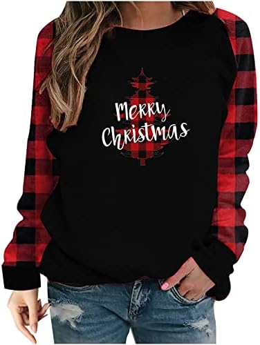 Sweater de Natal feminino Ano Novo 2023 Funny Crewneck Swewewnecthirts Buffalo Plaid Pullover Tops Casual Holiday Tee
