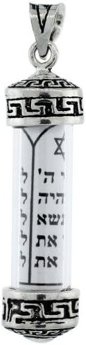 Colar de mezuzah de prata esterlina design de chave grega na caixa de vidro 1 7/16 polegadas com corrente de caixa de 1 mm 16-30
