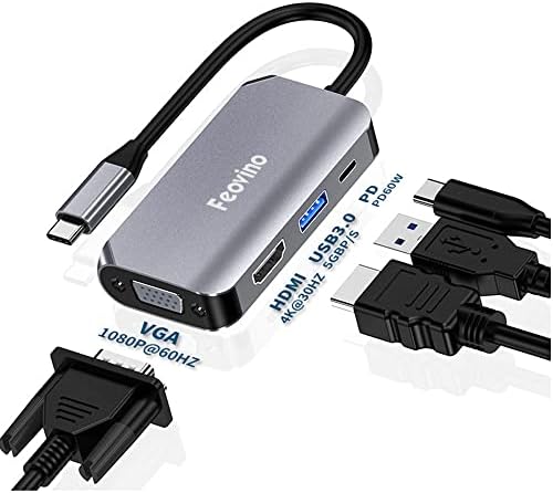 Adaptador USB C para HDMI VGA com porta de carregamento PD USB3.0 / USB-C, Feovino 4 em 1 Tipo C Hub multitor