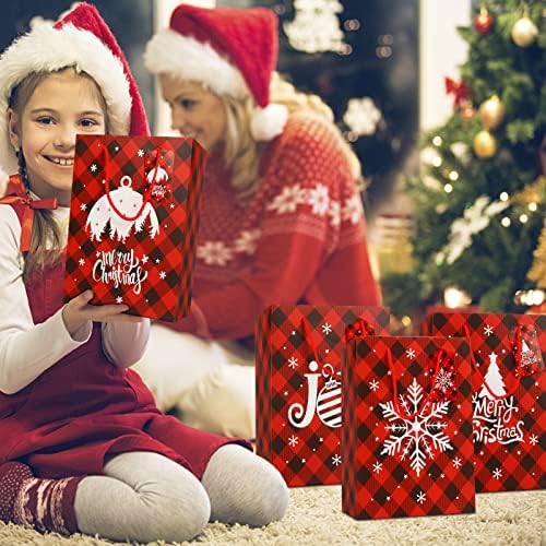 Lomimos 24pcs Natal grossa Buffalo Plaid Kraft Gift Sacols, sacos de papel de Natal com etiqueta de alça para embalagens de embalagem