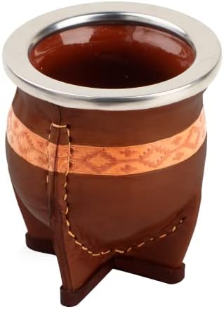 THEBMATE Premium Yerba Mate Cup - Chegada Cerâmica Cerâmica - Couro marrom embrulhado Handmade no Uruguai - Mate Cinta Pampa - Cinta Pampa Style