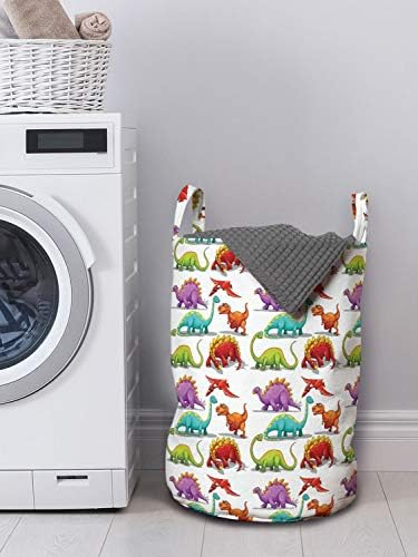 Bolsa de lavanderia jurássica lunarável, colorido Padrão de Animais de Herbívoros e Carnívoros de Dinossauros de Cartoon, cesta