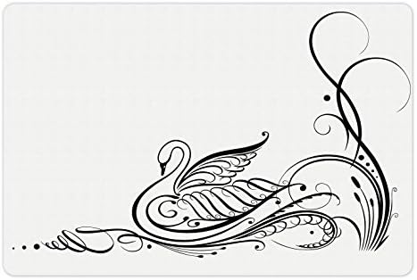 Ambesonne Swan Pet tapete Para comida e água, cisne de arte de linha cursiva monocromática no estilo de caligrafia do rio Ilustração minimalista, tapete de borracha sem deslizamento para cães e gatos, 18 x 12, preto branco branco