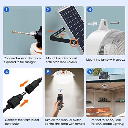 Luzes solares Sunbonar Sensor de movimento externo interno, 5 modos de trabalho Diário disponível 6000K/4000K/3200K Dimmível galpão solar luz com remoto e memória, lâmpada de celeiro de teto à prova d'água 120 para a varanda…