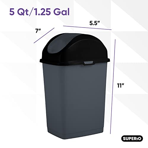 Superio 1.25 gal mini lixo de plástico com tampa de tampa de balanço pequeno lixo para bancada, mesa, vaidade, banheiro 5 litros