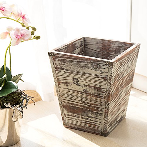 Mygift Torched Wood Small Wastebasket, cesta de lixo quadrado com fundo cônico e suportes de metal decorativos