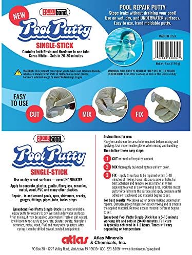 Pedra de piscina epoxybond Single-stick 2 oz | Reparo de piscina e spa | Fácil para qualquer um para DIY | Trabalha debaixo