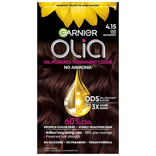 Cor de cabelo de garnier olia amônia e tinta de cabelo permanente rica em óleo de cor, 4,15 mogno macio escuro, 1 contagem