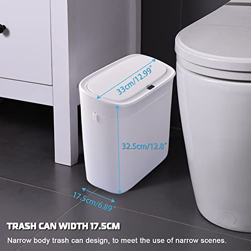 Lixo sem toque lata, lata de lixo de banheiro inteligente automático de 3,2 galões de banheiro inteligente com tampa, sensor de movimento esbelto lixo de lixo estreito para quarto, cozinha, escritório, RV branco