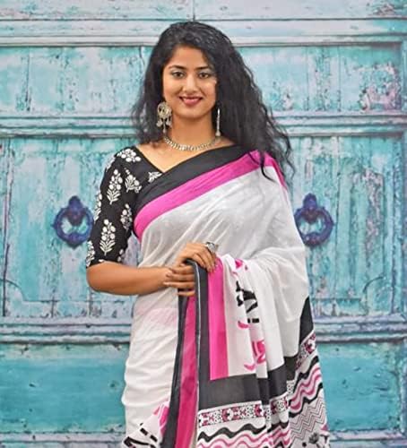 Peegli Sanganeri Impresso à mão conjunto de 2 saree algodão branco e sari roxo com blusa