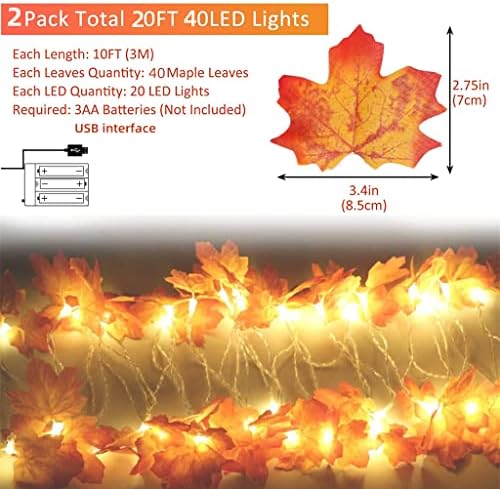 OJC 2 pacote decoração de outono folhas de outono Luzes de outono, Toltal 20 pés 40led para decoração de outono Halloween