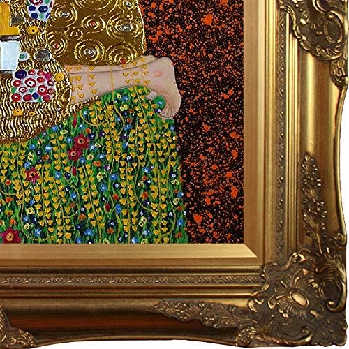 La Pastiche KLG1839-FR-6996G20X24 Pintura a óleo emoldurada The Kiss Full View Metallic embelezada por Gustav Klimt com quadro de