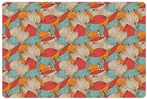 Autumn Pet Tapete de Autumn para alimentos e água, mixagem de motivos de folhas de estilo de arte de doodle em cores retrô tema romântico da temporada de outono, retângulo de borracha sem deslizamento para cães e gatos, multicolor