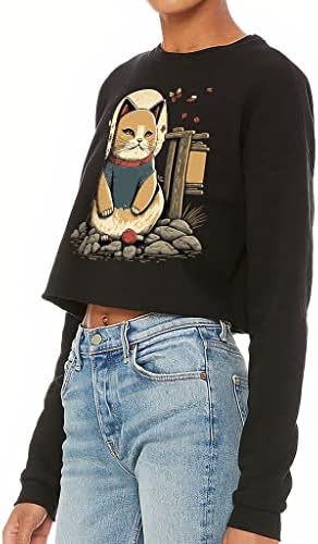 Lucky Cat Graphic Cropped Sweetshirt - Sweatshirt feminino de design japonês - Sorto da tripulação da colheita de ilustração