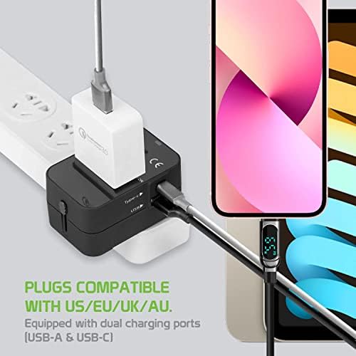 Viagem USB Plus International Power Adapter Compatível com HTC A55 para energia mundial para 3 dispositivos USB TypeC, USB-A
