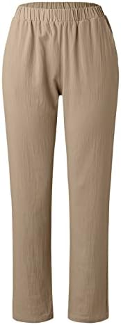 Calças de linho de algodão casual de verão para mulheres calças largas de perna reta Alta cintura longa com bolsos de conforto