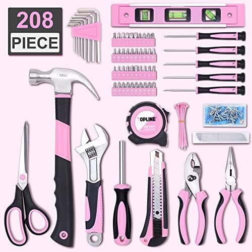 Kits de ferramentas rosa de 208 peças para mulheres com bolsa redonda, kit de pequenas ferramentas para apartamento, casa,