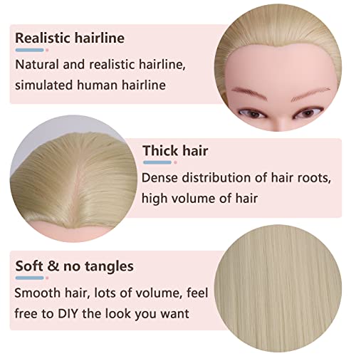 Yikasliy 26 -28 Mannequin Head Hair Styling Styling Treinamento loiro Cabeça sintética Cardeira de fibra prática Cosmetologia Manikin Dolls de cabeça para crianças e suporte de grampo livre