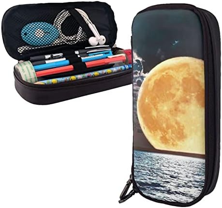 Ocean Moon Lápis Caso Big Capacity Pen Storage Solder Caixa de couro de couro Organizador de papelaria com zíperes para material