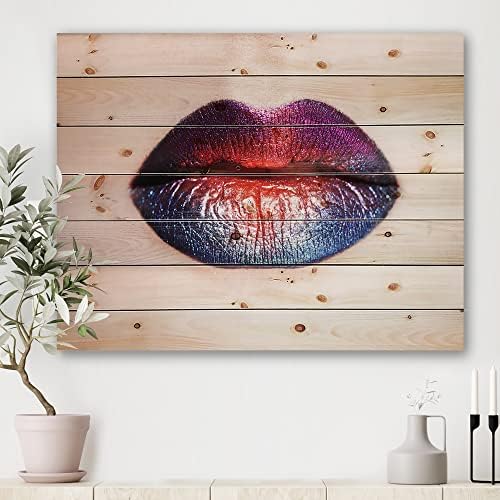 Designq Mulheres lábios com batom multicolorido brilhante Decoração de parede de madeira moderna e contemporânea,