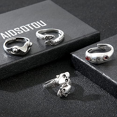Aidsotou Mens vintage anéis abertos conjunto Frog Snake Skull Cool Punk Goth Ring For Men Mulheres Meninas ajustáveis