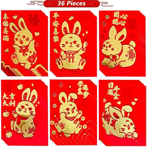 36 peças 2023 envelopes vermelhos chineses Ano de envelopes vermelhos de coelho Ano de coelho chinês Hong Bao Pacotes de dinheiro