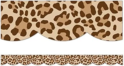 Estilo da escola simplesmente safari Bordas de tábua de avisos de estampa de leopardo, 39 pés de bordas de sala de aula de leopardo recortadas para quadro de avisos, placa branca, placa de cortiça, decoração de mesa e decoração da sala de aula