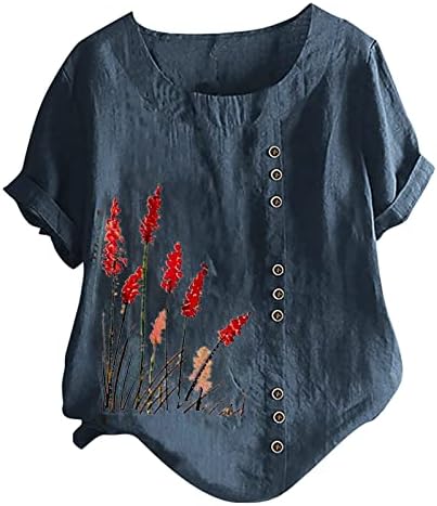 Camisa de túnica de linho de verão feminina Blouse vintage Tops de camiseta floral dresy Botões de camisetas causais