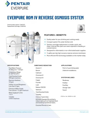 PENTAIR Everpure ROM-G75 Elemento de osmose reversa de alta eficiência, EV929775, Membrana de RO de substituição para uso no sistema de osmose reversa da ROM Everpure IV
