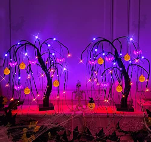 [Luzes de laranja e roxo] 2pack 24 Halloween Black Tree Decor com timer, total 64 LED DIY 8 abóboras e 8 morcegos bateria operada