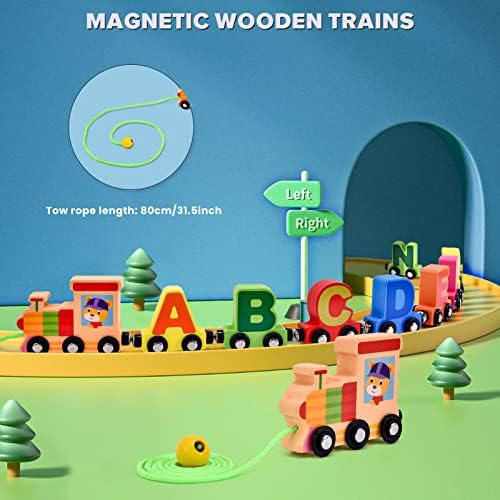 Atoylink 27 PCs vagões de trem de madeira define crianças magnéticas alfabetos animais brinquedos infantis meninos meninas cartas carros