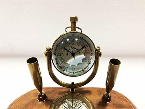 Relógio de mesa de latão náutica AK com suporte de caneta na base de madeira/decoração de madeira/escritório