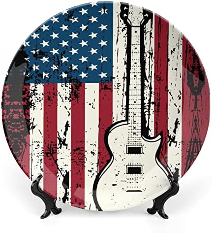 American Flag Guitar Bone China China Decorativa Placas de cerâmica redonda Craft With Display Stand for Home Office Wall Decoration