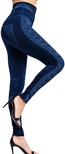 Yalfjv Yoga Calça Cintura alta com bolsos para mulheres jeans elásticos leggings Térmica imitação imitação de jeans leggings