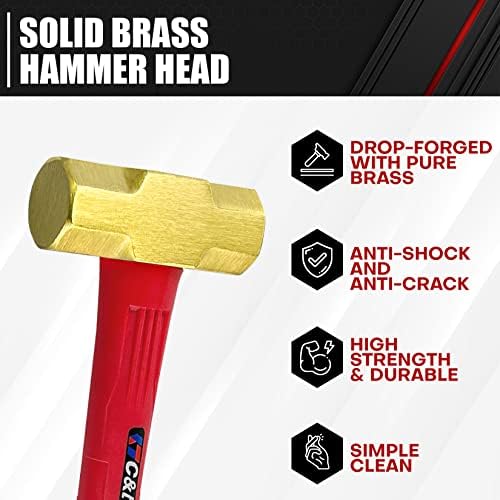 C&T 2lb Brass Sledge Hammer, alça de fibra de vidro confortável e não separada, 2 libras, resistente à corrosão e não magnética