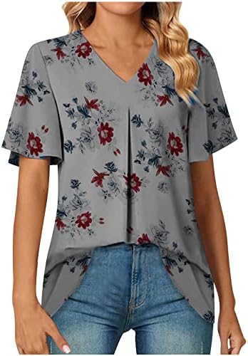 Túnica tops para mulheres de impressão floral solteira camisetas t de pescoço de pescoço de manga curta 2023 Camiseta de tee flowy de verão flowy