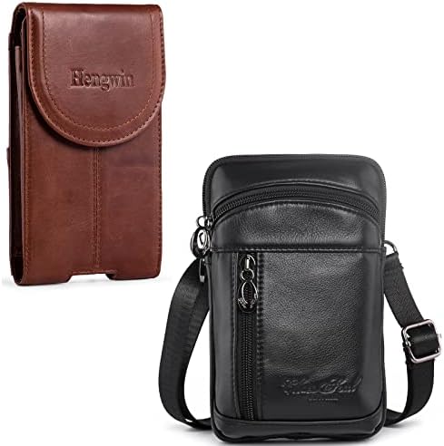Coldre de celular de couro marrom Hengwin com clipe de cinto de cinto e bolsa de corpo de couro preto com correio de correio, compatível
