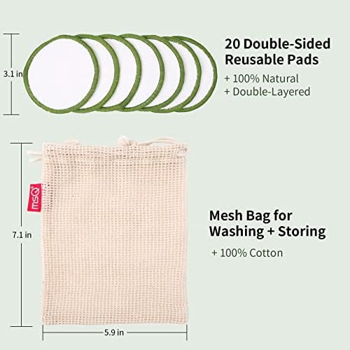 MSQ Reutiliza Removedor de maquiagem Poods com uma bolsa de lavanderia lavável e caixa redonda para armazenamento, rodadas de algodão de bambu reutilizáveis ​​para todos os tipos de pele, almofadas de algodão de bambu reutilizáveis ​​ecológicas e ecológicas