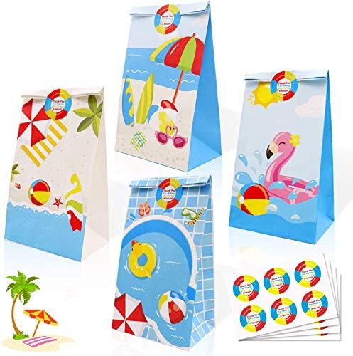 24 Pack Beach Ball Party Candy Favor Bags com adesivos de agradecimento, festas de piscina sacolas de presente de presente para praia feliz aniversário chá de bebê decoração de férias de verão