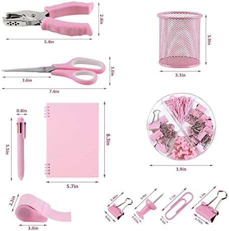 Kit de suprimentos de escritório rosa, grama de kit de acessórios de mesa de 14 peças e conjunto de distribuidores de fita incluem grampo de mesa, Remoção de grampeador, perfuração de orifício único, dispensador de fita, fita, tesoura, suporte para caneta