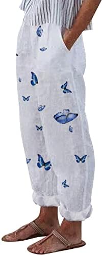 Calça de linho de algodão Capri Women Women Summer Casual Capri Pants com bolsos Alta cintura calças de leão de leão de dente -de -leão