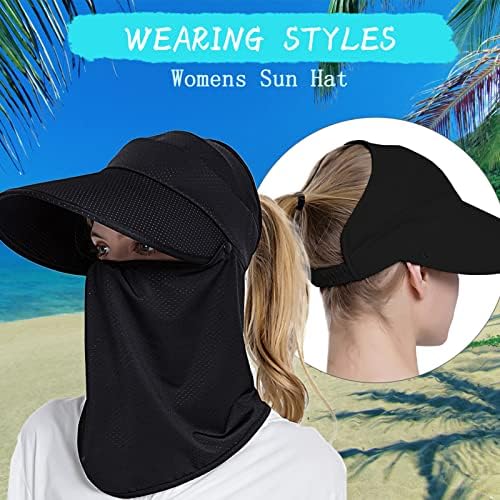 Chapéu de caminhada de proteção solar para mulheres, chapéus de viseira larga dobrável UPF 50+ com retalho de malha removível para o rabo de cavalo altos femininos