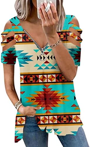 Camisas femininas de pescoço em V Women Casual Camisas frias de ombro frio Retro Aztec
