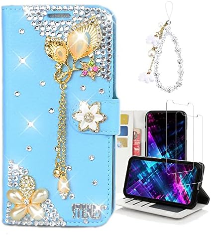 Caixa da carteira de cristal de arte de fada compatível com iPhone 14 - Pingente de flores de balão - azul - 3D Glitter Bling Cover com protetor de tela e cordão de telefone com miçangas