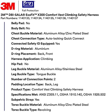 3M 1140136 DBI-SALA EXOFIT X300 CONFORTO CONFEITO CURSO DE CURSO DE CURNDO PROTEÇÃO DE ORNO, OSHA, ANSI, INDUSTRÃO GERAL,